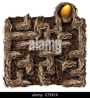 Stratégie d'épargne-retraite nest egg symbole comme un concept d'entreprise de planification financière avec un nid en forme de labyrinthe labyrinthe ou avec un œuf d'or comme le prix sur un fond blanc. Banque D'Images