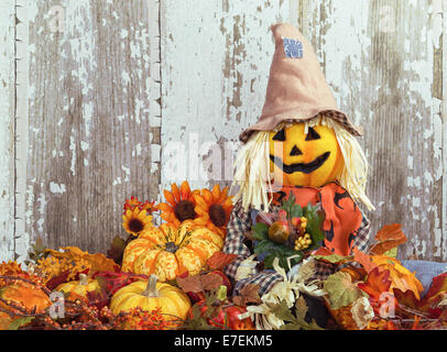 Épouvantail mignon entouré de fleurs et de décoration d'automne calebasses en bois contre texture background Banque D'Images