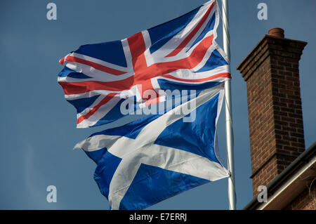 Royaume-uni drapeaux. L'Union Flag et sautoir écossais voler ensemble pendant la campagne référendaire de 2014 l'indépendance écossaise à Weymouth, Angleterre. Banque D'Images