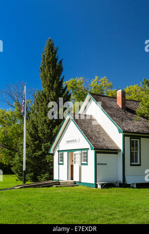 Le Barkfield une école à chambre au Mennonite Heritage Village à Steinbach, Manitoba, Canada. Banque D'Images