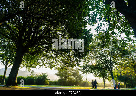 Pays de Galles Aberystwyth UK, le mardi 16 septembre 2014 enfants allant à l'école primaire sur une avenue boisée d'arbres à Aberystwyth Wales UK. comme le soleil filtre à travers les feuilles d'un autre jour de temps chaud et ensoleillé. Aujourd'hui, les températures devraient atteindre un maximum de 21º et 22ºC dans les endroits Crédit photo : Keith morris/Alamy Live News Banque D'Images