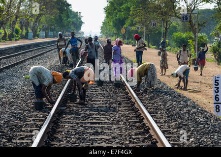 Les ouvriers sont le maintien de voies de chemin de fer, Gokarna, Karnataka, Inde Banque D'Images