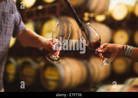 Caucasian couple dégustation des vins en cave Banque D'Images