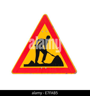 Travaux routiers, en construction, des hommes au travail. Road sign isolated on white Banque D'Images