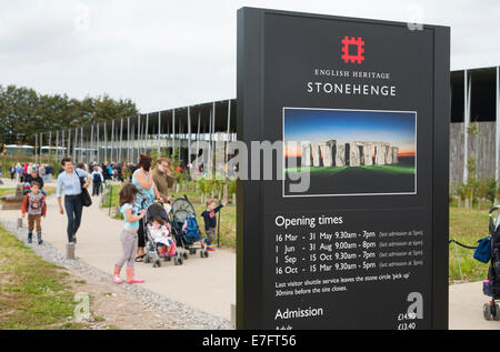 Les touristes passent le temps d'ouverture et de l'information affiche à l'extérieur à l'entrée du nouveau centre d'Stonehenge / Stone Henge UK (70) Banque D'Images