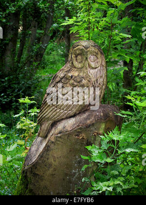 Sculpture à la tronçonneuse d'owl sur souche d'arbre Banque D'Images