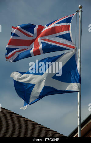 Royaume-uni drapeaux. L'Union Flag et sautoir écossais voler ensemble pendant la campagne référendaire de 2014 l'indépendance écossaise à Weymouth, Angleterre. Banque D'Images