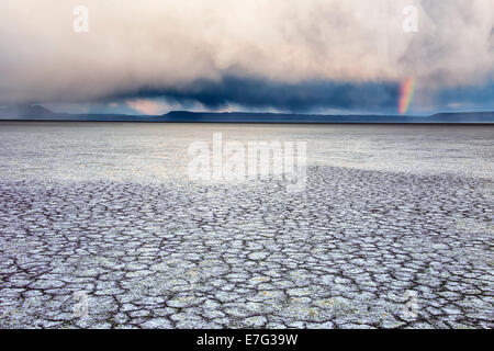 Soirée arc-en-ciel apparaît comme une tempête printanière passe au-dessus de la playa de l'Alvord Desert in SE Oregon's remote Harney Comté. Banque D'Images