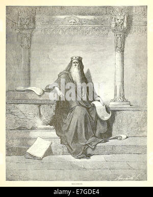 « Salomon » 1880 illustration de l’artiste français Paul Gustave Doré (1832–1883) montrant le roi Salomon assis dans des robes royales dans un cadre architectural grandiose, ses mains reposant sur des rouleaux, symbolisant la sagesse, les Écritures et le jugement. Photographie tirée d'une édition originale de 1880 de la Bible illustrée par Paul Gustave Doré. Crédit : Collection privée / AF Fotografie Banque D'Images