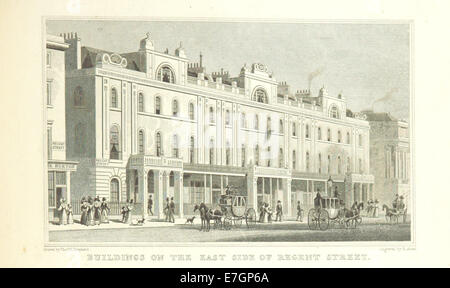 Une illustration tirée de "Metropolitan Improvements" de Shepherd (1828), montrant des bâtiments sur le côté est de Regent's Street, Londres. L'image met en évidence le développement architectural de cette rue emblématique de Londres. Banque D'Images