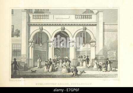 Illustration tirée de « Metropolitan Improvements » de Shepherd (1828) montrant la Burlington Arcade à Piccadilly, en se concentrant sur ses caractéristiques architecturales. Banque D'Images