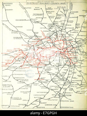 Carte de la page 027 de 'DISTRICT' (1888), représentant le comté de District Railway, montrant les voies de transport et les divisions géographiques de Londres à la fin du XIXe siècle. Banque D'Images