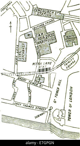 Illustration tirée de 'District' (1888) montrant une carte détaillée de Mark Lane, représentant le tracé des rues et l'infrastructure du quartier à la fin du XIXe siècle. Banque D'Images