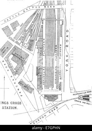 Un plan détaillé de la gare de King's Cross de la page 138 de la publication « DISTRICT » de 1888, montrant la disposition de la gare et des environs. Banque D'Images