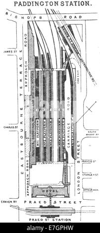 Illustration de la page 140 de la publication de 1888 'DISTRICT', montrant le plan de la gare de Paddington, une partie importante de l'infrastructure ferroviaire londonienne à la fin du XIXe siècle. Banque D'Images
