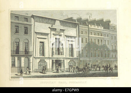 L'illustration de 1828 tirée des « améliorations métropolitaines » de Shepherd représente l'Egyptian Hall à Piccadilly, mettant en valeur sa conception architecturale dans le cadre du développement urbain de Londres au XIXe siècle. Banque D'Images