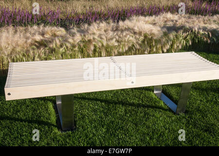 Jardin - Voir le vent - Banc de jardin en bois plantation d'Hordeum jubatum orge en herbe Salvia nemorosa ornementales Banque D'Images