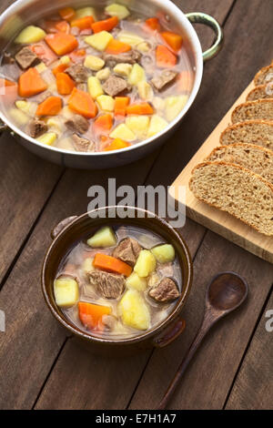 Soupe traditionnelle hongroise appelé Gulyasleves faites de boeuf, pomme de terre, carotte, oignon, csipetke (des pâtes) et le paprika Banque D'Images