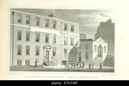 Une illustration des améliorations métropolitaines de Shepherd montrant la Licensed Victuallers School de Kennington, mettant en évidence ses caractéristiques architecturales et son rôle dans la rénovation urbaine de Londres en 1828. Banque D'Images