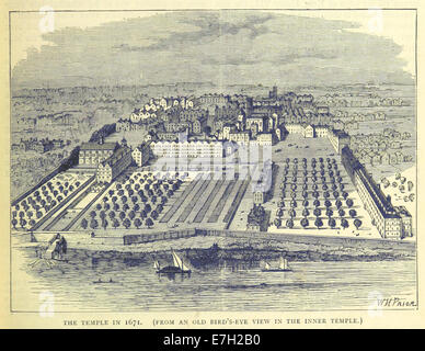 Une illustration de ONL (1887) montrant le quartier du Temple à Londres tel qu'il apparaissait en 1671, donnant un aperçu du développement architectural et urbain de l'époque. Banque D'Images