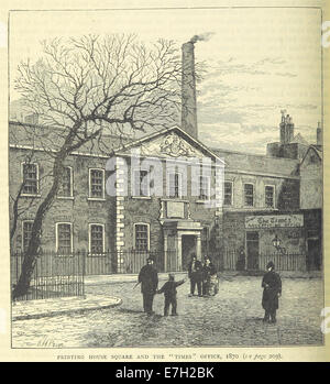 Illustration tirée de 'ONL' (1887) montrant Printing House Square et le Times Office, lieux clés au cœur du quartier de l'édition de Londres au XIXe siècle. Banque D'Images