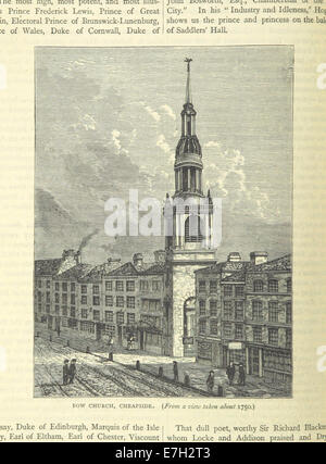 Illustration tirée de 'Old and New London' (1887), représentant Bow Church à Cheapside telle qu'elle apparaissait vers 1750, reflétant son style architectural et son environnement urbain. Banque D'Images