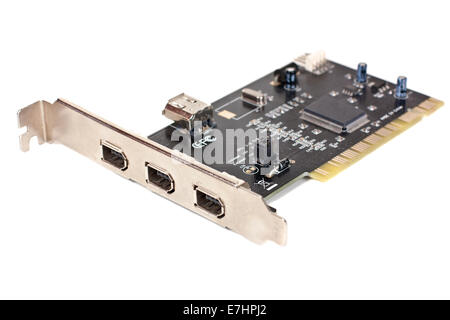 Carte contrôleur PCI firewire 1394 isolé sur fond blanc Banque D'Images