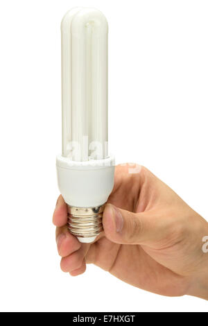 Close up of man hand holding energy efficient Light bulb with clipping path isolés Banque D'Images