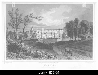 Illustration de 1852 tirée de l'œuvre de Poppel sur Clève, représentant une scène ou une carte de la région, avec texte d'accompagnement. L’œuvre reflète le contexte historique et géographique de l’époque. Banque D'Images