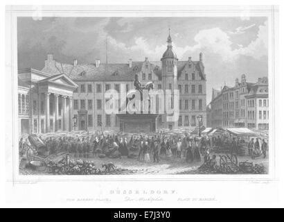 Illustration tirée de l'ouvrage de Poppel de 1852, page 529, représentant une carte de Dusseldorf, Allemagne (DC39CSSELDORF), montrant le tracé de la ville et les principaux monuments du milieu du XIXe siècle. Banque D'Images