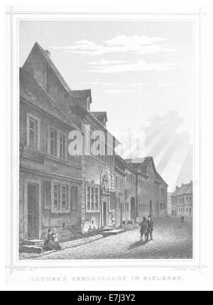 Une illustration de l'œuvre de Poppel en 1852 montrant le lieu de naissance de Luther à Eisleben, en Allemagne. L'image illustre l'importance historique du site en tant que lieu de naissance de Martin Luther, figure clé de la réforme protestante. Banque D'Images