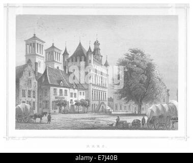 Une illustration de l'œuvre de Poppel de 1852, avec une carte de Rees, en Allemagne, offrant un aperçu de la géographie et de la disposition de la région au milieu du XIXe siècle. Banque D'Images