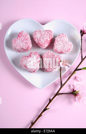 Style australien fait maison en forme de coeur rose petit gâteau Lamington sur plaque blanche en forme de coeur Banque D'Images