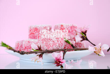 Style australien fait maison en forme de coeur rose petits gâteaux lamington avec fleur de printemps Banque D'Images