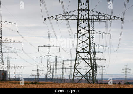 Haute tension nouvellement érigés pylônes du sud-ouest de l'Interconnector de l'opérateur du système de transmission 50 Hertz Banque D'Images