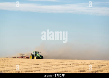 Plume de poussière créé par un tracteur disking un champ près de Milton Freewater, Oregon. Banque D'Images