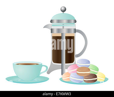 Une illustration d'un élégant café tasse et soucoupe et une assiette de fantaisies de macarons sur fond blanc Banque D'Images