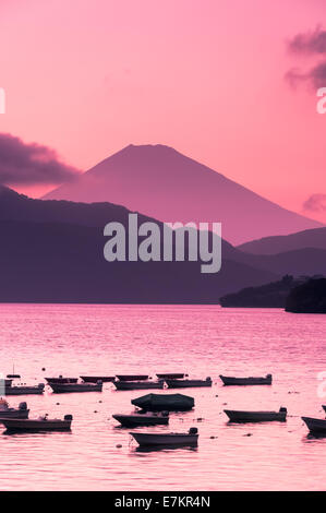 Dans les bateaux voguer le long du Lac Ashi lignes avec le Mont Fuji en arrière-plan. Banque D'Images