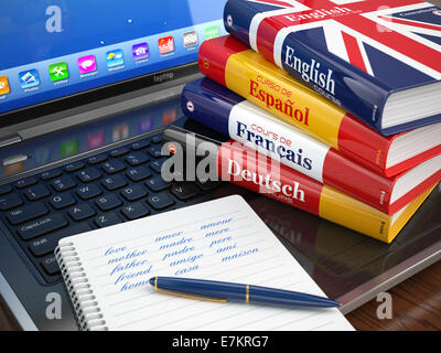 L'E-learning. L'apprentissage des langues en ligne. Dictionnaires sur ordinateur portable. 3d Banque D'Images