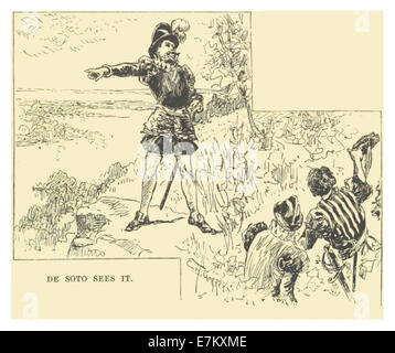 Une illustration de 1883 tirée de l’œuvre de Mark Twain, représentant l’exploration d’Hernando de Soto dans les Amériques, capturant un moment clé de son parcours historique. Banque D'Images