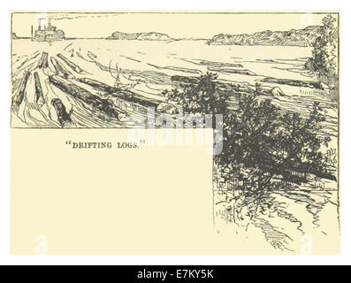 Cette illustration de 1883 tirée du travail de Mark Twain, « Drifting Logs », capture une scène reflétant la narration et l'humour observationnel de Twain. Banque D'Images