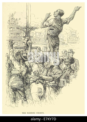 Une illustration de 1883 de l'œuvre de Mark Twain montrant *le Chœur de la séparation*, capturant un moment émotionnel ou dramatique de l'une de ses histoires, représenté à travers un croquis vintage. Banque D'Images