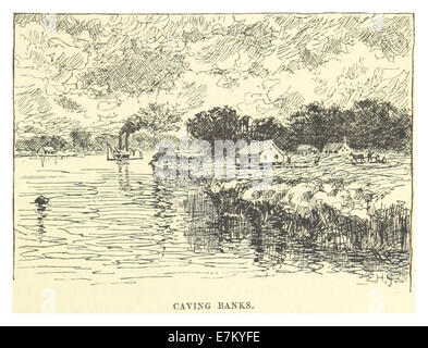 Cette illustration de 1883 tirée de Mark Twain *The Adventures of Huckleberry Finn* représente une scène de bancs spéléologiques le long du fleuve Mississippi, mettant en valeur l’environnement dynamique du fleuve. Banque D'Images