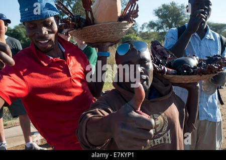 Les vendeurs d'artisanat sur la frontière entre le Botswana et la Zambie. De Victoria Falls est possible de visiter le Botswana. Spécifications Banque D'Images