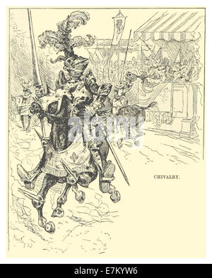 Cette illustration de 1883 tirée des œuvres de Mark Twain représente une scène de chevalerie, reflétant les thèmes de l'honneur et des vertus chevalières dans le style narratif de Twain. Banque D'Images