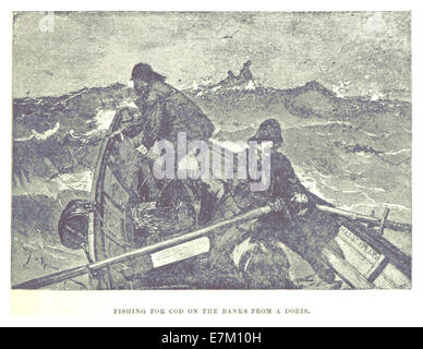 Une illustration de 1895 par Prowse représentant la pêche à la morue sur les rives de Terre-Neuve à partir d'un petit bateau appelé a doris, montrant les pratiques de pêche traditionnelles. Banque D'Images