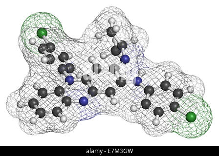 La Clofazimine la lèpre molécule pharmaceutique. Les atomes sont représentés comme des sphères classiques avec codage couleur : blanc (hydrogène), carbone (gr Banque D'Images