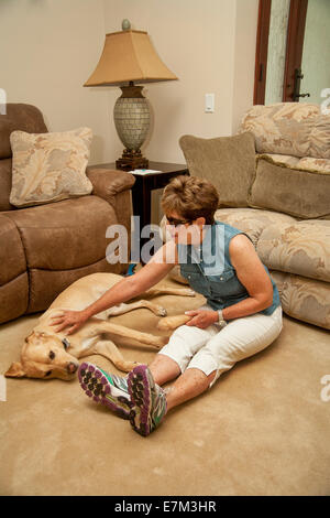 À la maison dans la banlieue de Irvine, CA, une femme aveugle joue affectueusement avec son chien-guide Labrador Retriever jaune Banque D'Images