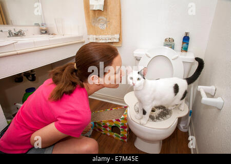 En utilisant des récompenses et de l'encouragement, une femme à Lake Forest, CA, les tentatives de former des toilettes son animal de chat. Remarque Une rampe et toilettes spéciales Banque D'Images