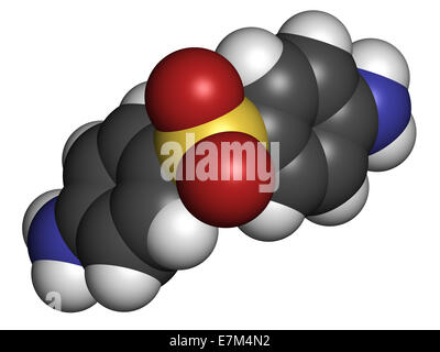 Dapsone un médicament molécule. Les atomes sont représentés comme des sphères classiques avec codage couleur : blanc (hydrogène), carbone ( Banque D'Images